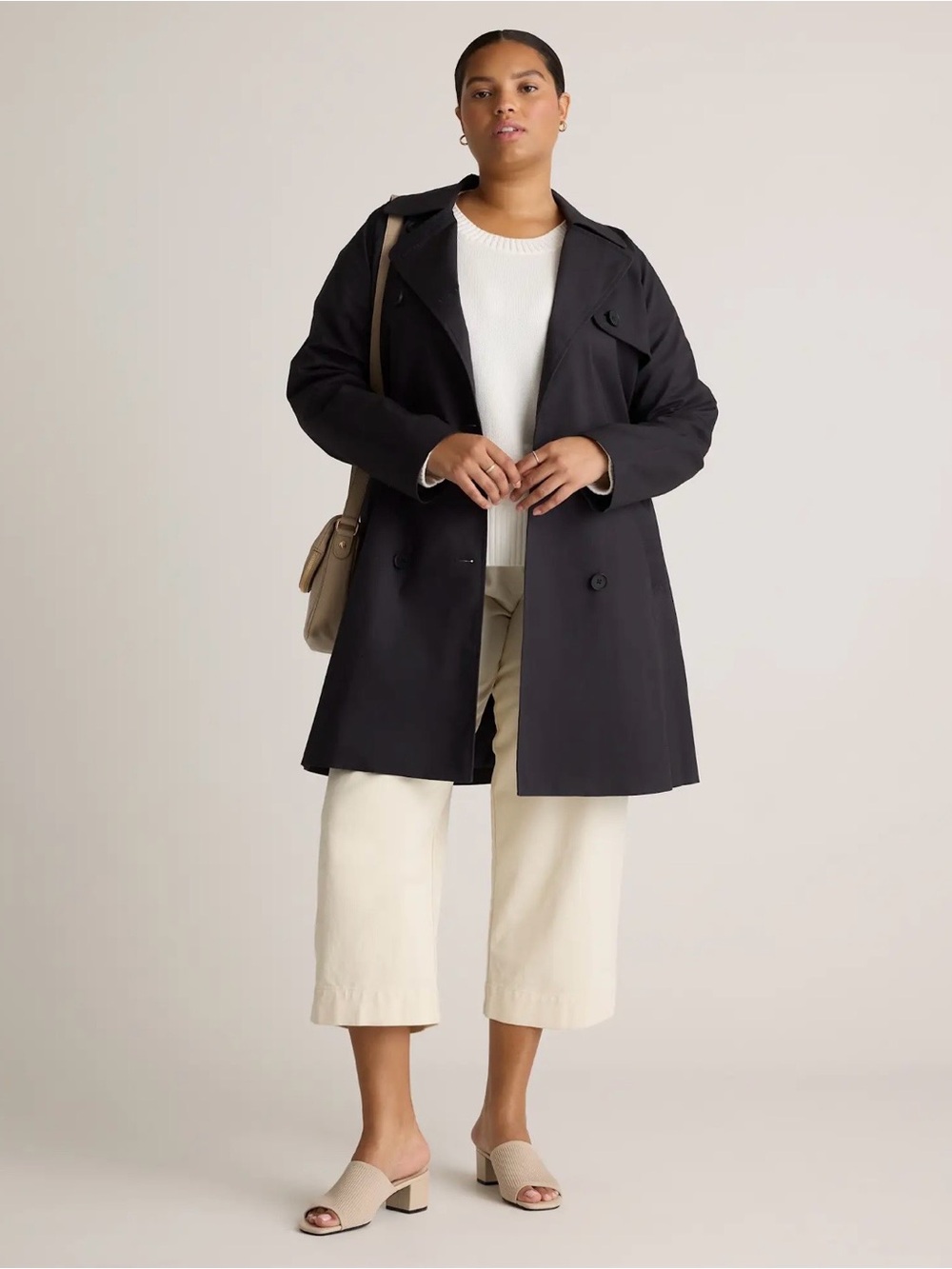 Quince Comfort Stretch Trench Coat midnight black Belt Center Back Vent